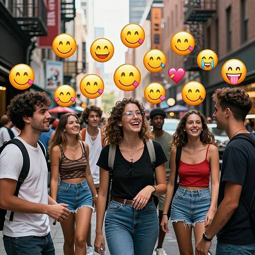 Photograph of laughing young adults in a city street, superimposed with smiling and heart emoji faces, wearing casual clothes, denim shorts, and backpack