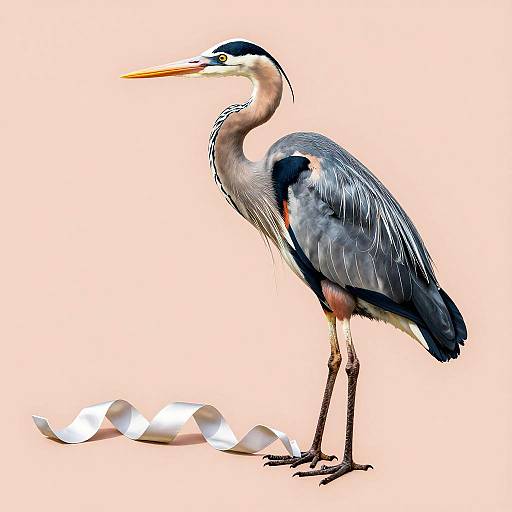 Photorealistic digital illustration of a tall, grey and black heron with a yellow beak, standing on thin legs with scattered white eggshells