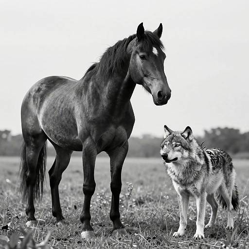 Black-and-white photograph of a dark horse standing beside a gray wolf with a focused gaze in a grassy field.