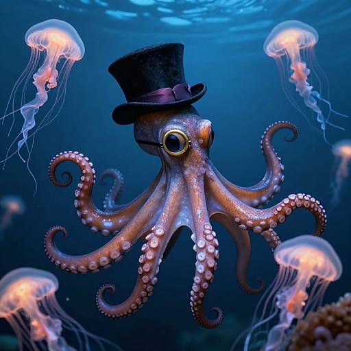 Photograph of a whimsical octopus wearing a black top hat, surrounded by glowing jellyfish in a deep blue underwater scene.