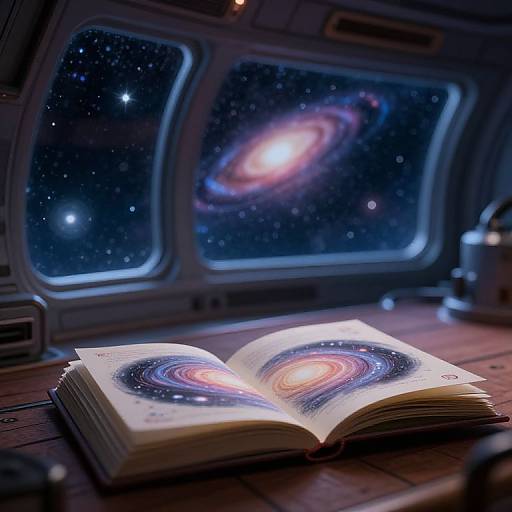 Photorealistic digital artwork of an open book with galaxy illustrations on a spaceship window, showing a colorful spiral galaxy outside.