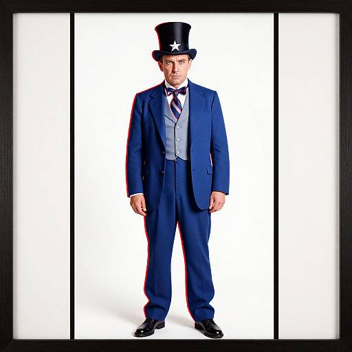 Photograph of a man in a blue suit, white vest, black bow tie, striped tie, top hat with star, standing against a bright white