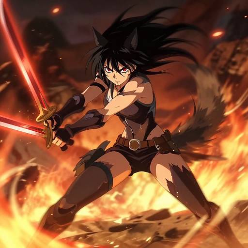 Anime-style digital drawing of a fierce, black-haired, wolf-eared warrior with glowing red sword, wearing black armor, in a fiery battlefield.