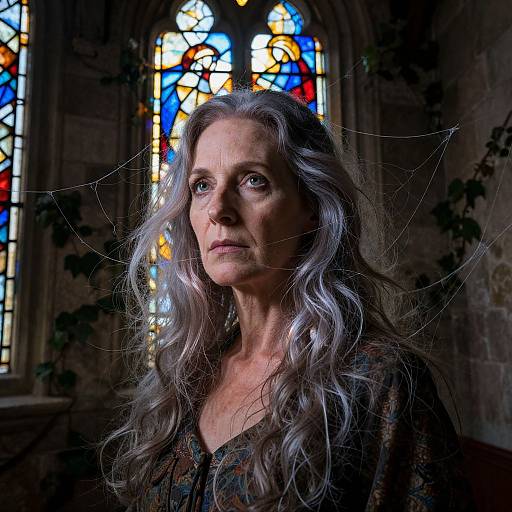 Photograph of a middle-aged woman with long, wavy silver hair, wearing a dark patterned blouse, standing in a dimly lit church with