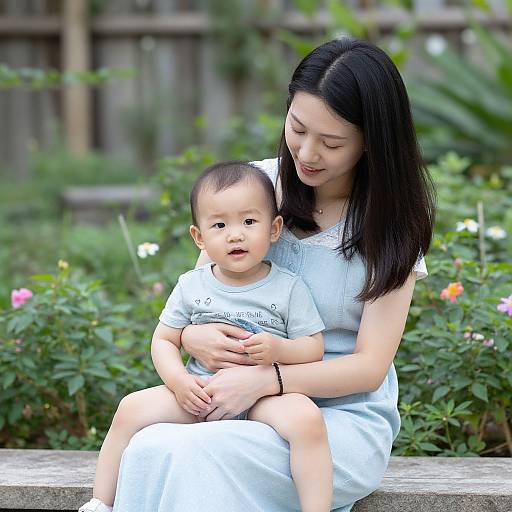 Photograph of an Asian woman with long black hair, wearing a white dress, sitting on a bench, holding a toddler with short black hair in a