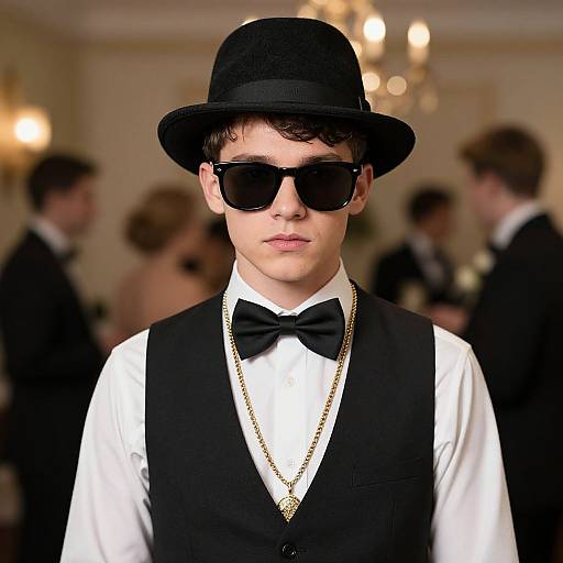 Photograph of a young man in a black bowler hat, black sunglasses, black vest, white shirt, black bow tie, gold chain, standing