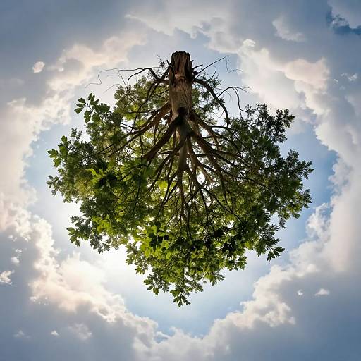 Photograph of a tree viewed from below, showing its intricate roots and lush green leaves against a bright, cloudy sky.