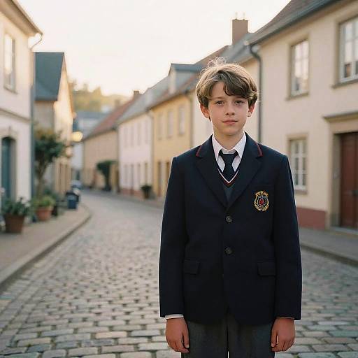 Photograph of a young boy with brown hair in a dark school blazer and tie, standing on a cobblestone street lined with pastel-colored