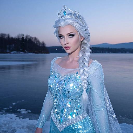 Photograph of a fair-skinned woman with silver braided hair, wearing a sparkling blue Elsa costume and silver tiara, standing by a frozen lake