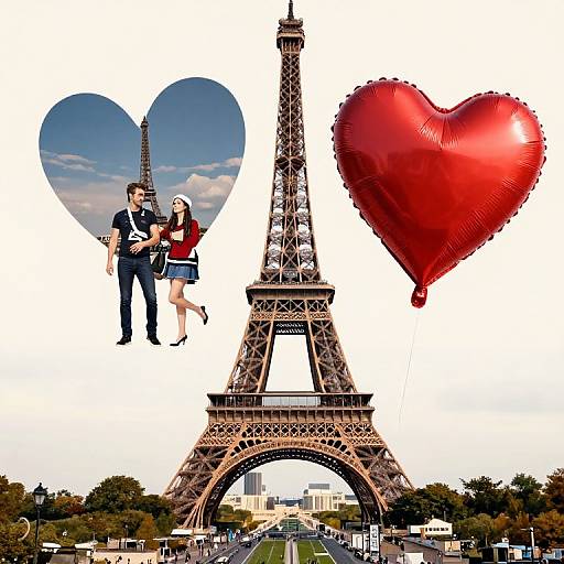 Photograph of Eiffel Tower with a couple in a heart-shaped frame to the left and a red heart balloon to the right. Background includes Paris