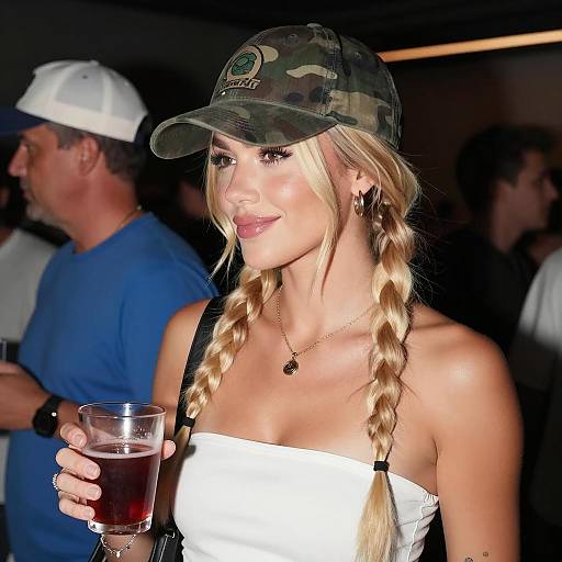 Blonde Woman Wearing Camouflage Cap Holding Red Drink