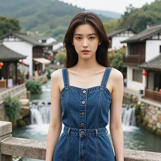 Photograph of an Asian woman with long black hair, wearing a blue denim dress, standing in a picturesque, mountainous village with a waterfall and traditional