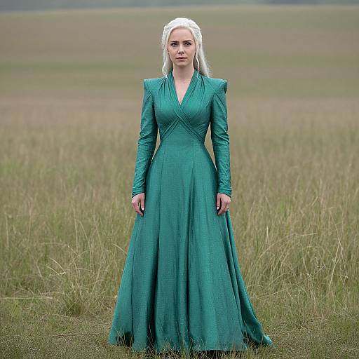 Photograph of a pale-skinned woman with platinum blonde hair in a teal, long-sleeved, V-neck gown standing in a grassy field