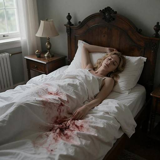 Blonde Woman Asleep on Bloodstained Bed