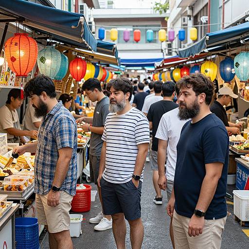 Photograph of a bustling outdoor market with men in casual clothes, colorful paper lanterns, and various food stalls on a narrow street.