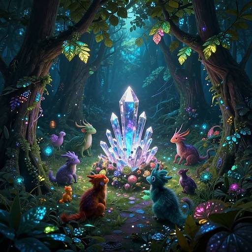 Fantastical forest scene with glowing crystal, colorful luminescent creatures, and vibrant bioluminescent flowers under a dark, enchanted woodland canopy.