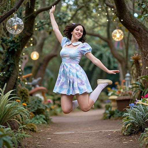 Photograph of a joyful woman with curly dark hair, wearing a white, short-sleeved, puffy dress and white socks, leaping in