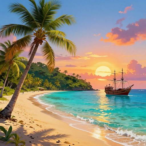 Colorful sunset beach scene with a wooden ship anchored in turquoise waters, palm trees on golden sand, and a vibrant orange sky. Photorealistic digital