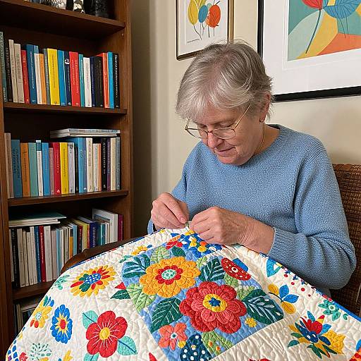 Photograph of elderly woman with gray hair and glasses, wearing blue sweater, sewing colorful floral quilt in book-filled living room.
