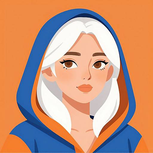 Digital illustration of a woman with white hair, brown eyes, and orange lips, wearing a blue hooded jacket with orange lining, against an orange background