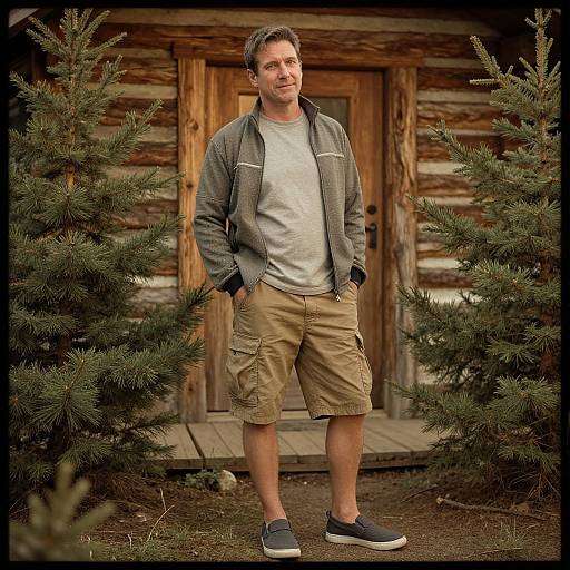 Photograph of a casually dressed middle-aged man with short brown hair, wearing a gray jacket, beige shorts, and black sneakers, standing between two ever