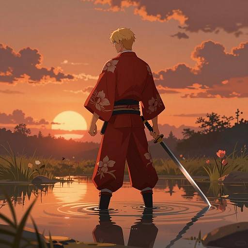 Blonde Warrior in Red Kimono at Sunset