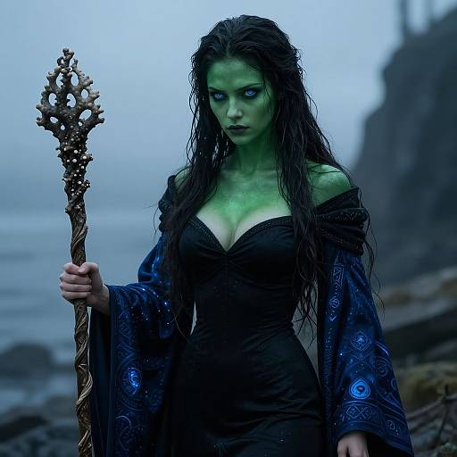 Digital artwork of a green-skinned, dark-haired woman with glowing blue eyes, wearing a black off-shoulder dress and blue patterned robe,