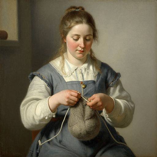 Oil painting of a fair-skinned, brunette woman with rosy cheeks, wearing a blue dress and white lace collar, carefully threading a needle.
