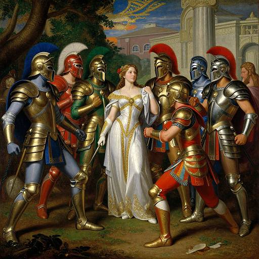 Classical oil painting of a fair-skinned woman in a white, gold-trimmed gown surrounded by armored Roman soldiers with red, blue, and