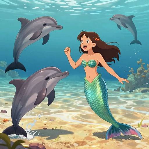 Colorful digital illustration of a cheerful mermaid with green scales and a seashell bra, surrounded by three dolphins underwater on a sunlit sandy ocean
