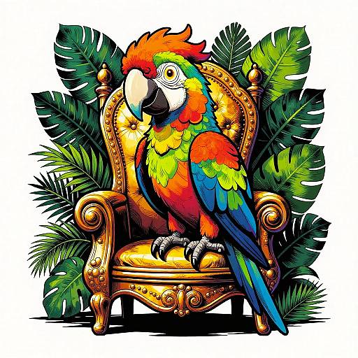 Vibrant digital illustration of a colorful parrot perched on an ornate, golden armchair surrounded by lush green tropical leaves.