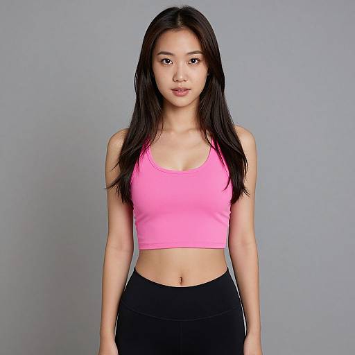 Photograph of an Asian woman with long black hair, wearing a pink sports bra and black leggings, standing against a gray background.