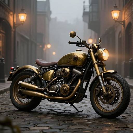 Glowing vintage gold motorcycle parked on a foggy, cobblestone street with warm, ambient street lamps in a dimly lit alley.