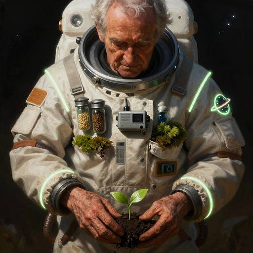 Elderly Space Botanist in Bioluminescent Coat