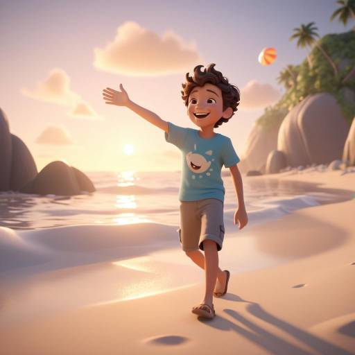 Whimsical Beach Scene with Joyful Boy
