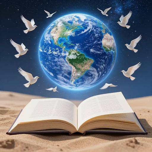 Photograph of an open book on sandy ground with glowing Earth above, surrounded by white doves in a starry night sky.