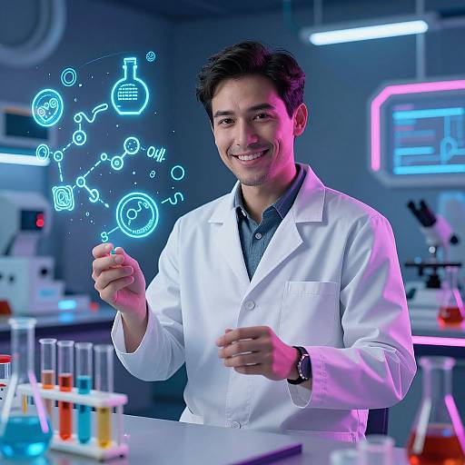 Smiling male scientist in white lab coat holding test tube, glowing molecular diagrams float above, colorful lab equipment in background.