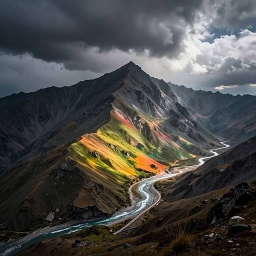 Photograph of a dramatic mountain landscape with a winding river, illuminated by vibrant sunlight through dark clouds, highlighting colorful, sunlit slopes.