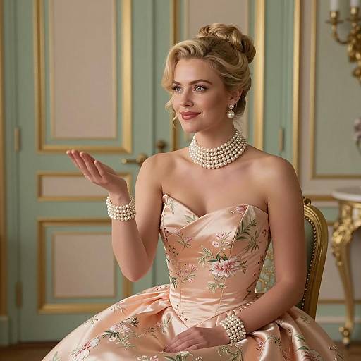 Elegant Woman in Pearl Jewelry and Peach Satin Gown