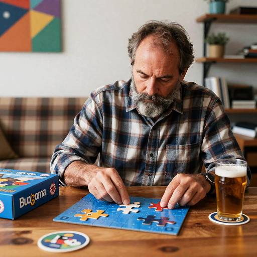 Focused Man Assembling a Puzzle Indoors