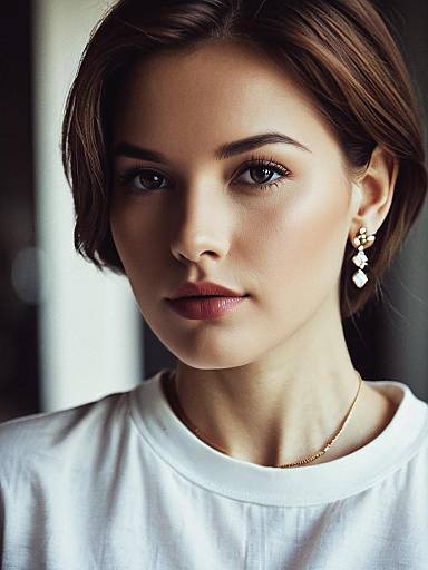 Portrait of Short Brown-Haired Woman in White Shirt