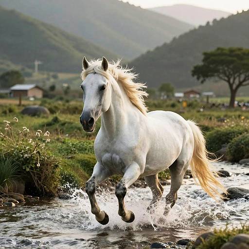 White Horse Running Through Stream