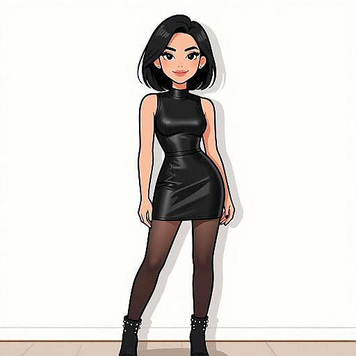 Digital illustration of a confident woman with black bob haircut, wearing a sleeveless black leather dress, black tights, and ankle boots, standing against a