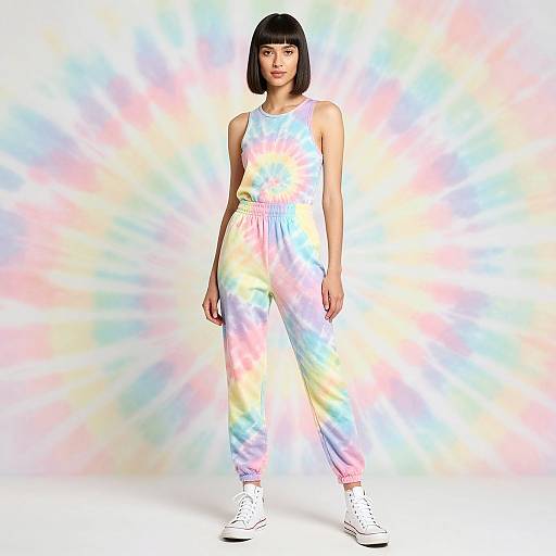Photograph of a young woman with a black bob, wearing a pastel tie-dye jumpsuit and white sneakers, standing against a radiant, mult