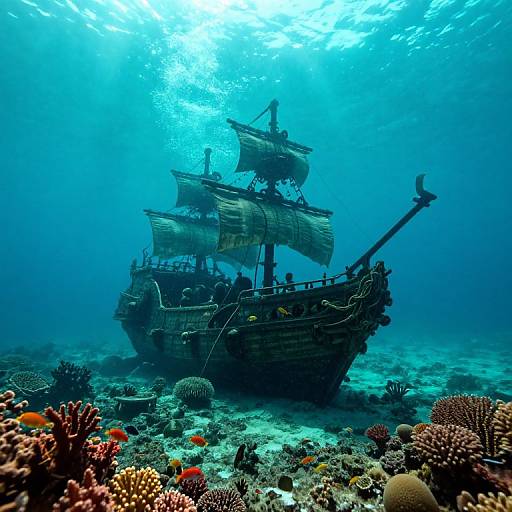 Photograph of an old, sunken pirate ship with billowing sails, surrounded by colorful coral reefs and vibrant marine life underwater.