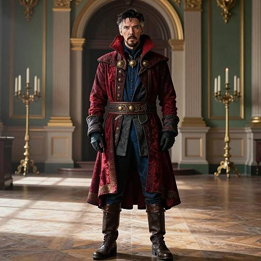 Man in Red Velvet Coat in Historic Grand Hall