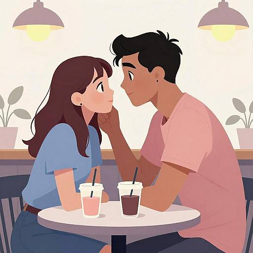 Digital illustration of a young couple, girl with brown hair in blue shirt, boy with black hair in pink shirt, sitting close at a café table with