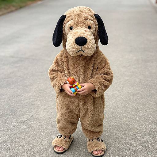 Person in Brown Dog Costume Holding Toy