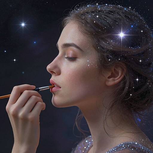 Digital artwork of a fair-skinned woman with wavy dark hair, wearing sparkly attire, delicately applying lipstick, surrounded by glowing stars.