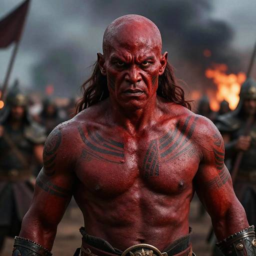 Photograph of a bald, muscular, red-skinned male warrior with tribal tattoos, fierce expression, and long black hair, standing in a smoky